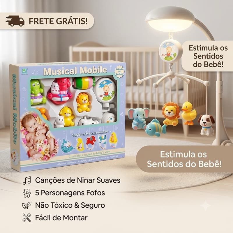 Brinquedo Móbile Musical Para Berço Bebê Giratório Com 5 Personagens Fofos Sem Pilha Interativo PROMOÇÃO