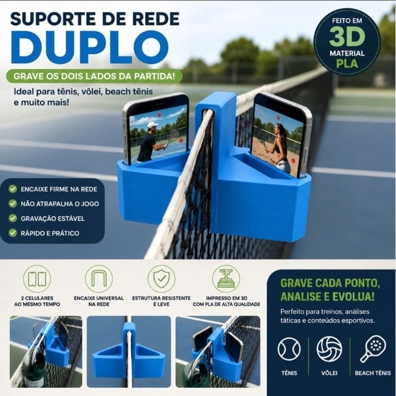 📱 Suporte Duplo para Celular em Rede Tênis Beach Tênis Vôlei Acessório Esportivo Prático para Treinos e Jogos