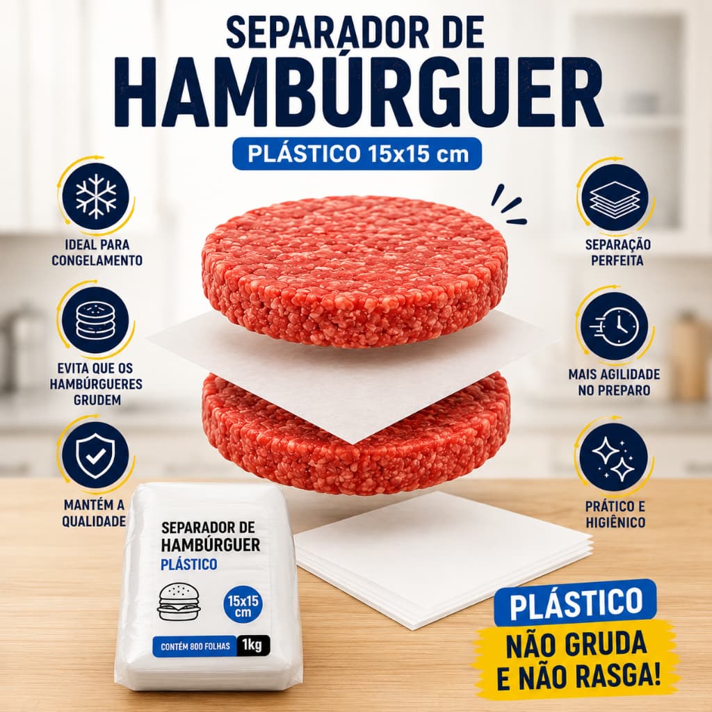 Separador De Hambúrguer Plástico 15x15cm 800 Folhas - 1kg Separa Carne Hambúrguer Prático Resistente