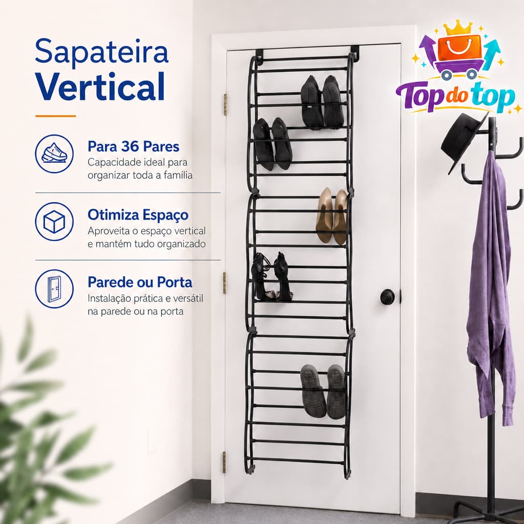 Sapateira Vertical de Parede e Porta 36 pares Sapatos - Organizadora Preta/Branca