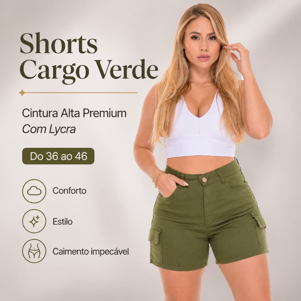 Shorts Cargo verde cintura alta Premium com Lycra
