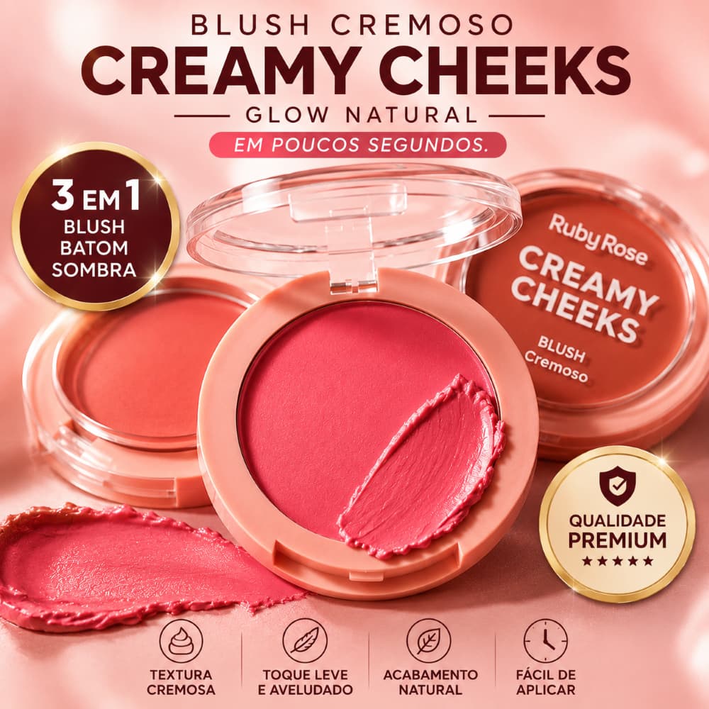 Blush Cremoso Ruby Rose Creamy Cheeks 3 em 1 Glow Natural