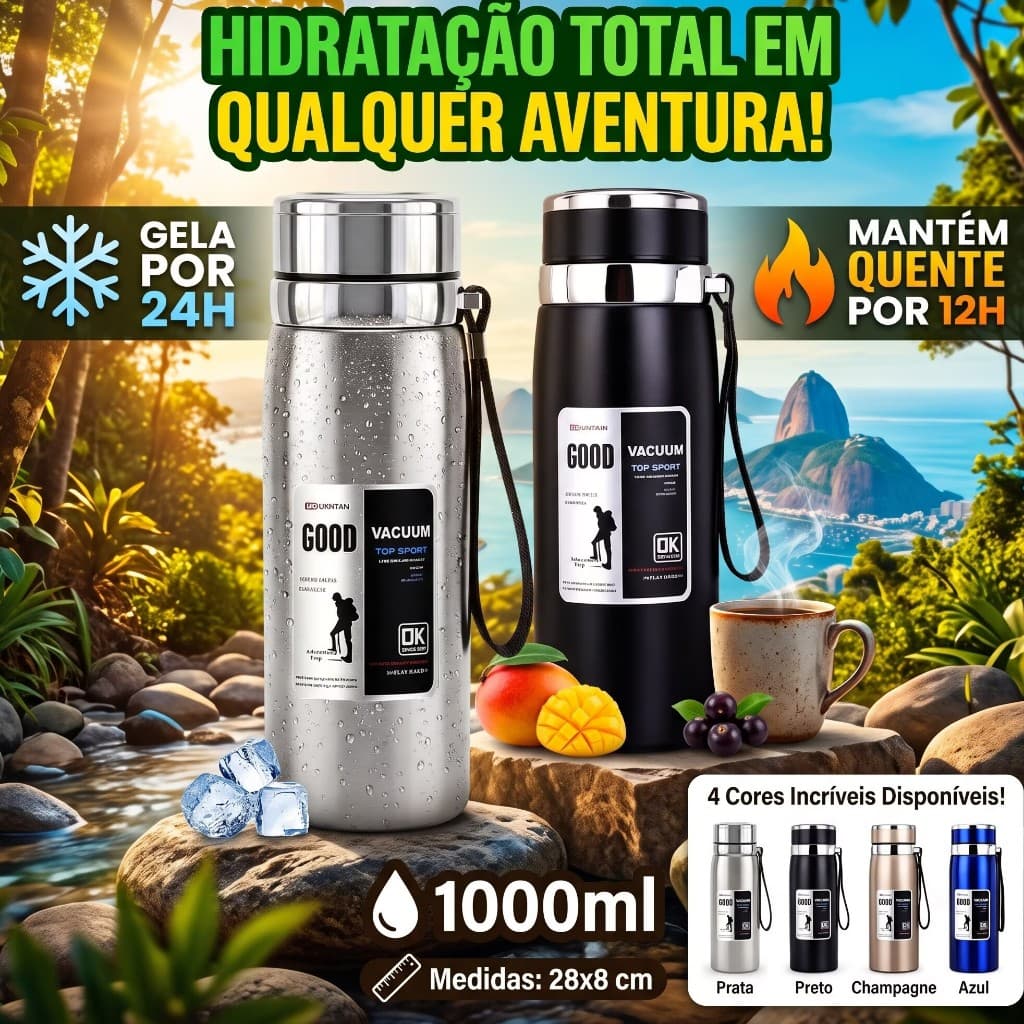 Garrafa térmica de aço inoxidável de1000mililitros com filtro, refrigeração por 24 horas/isolamento térmico por 12 horas