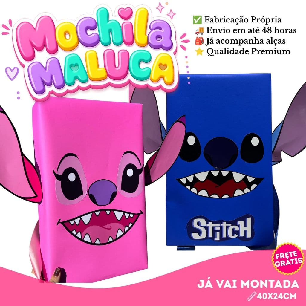 Mochila Maluca STICH e ANGEL infantil | 40x24cm | Envio 48H