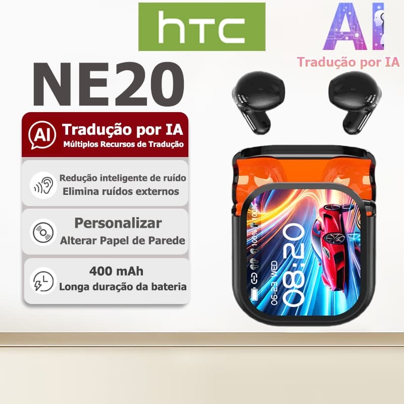 Garantia de 1 ano Fone TWS HTC NE20 com tradução AI em tempo real, Bluetooth 5.4, som HiFi e resistência à água IPX5