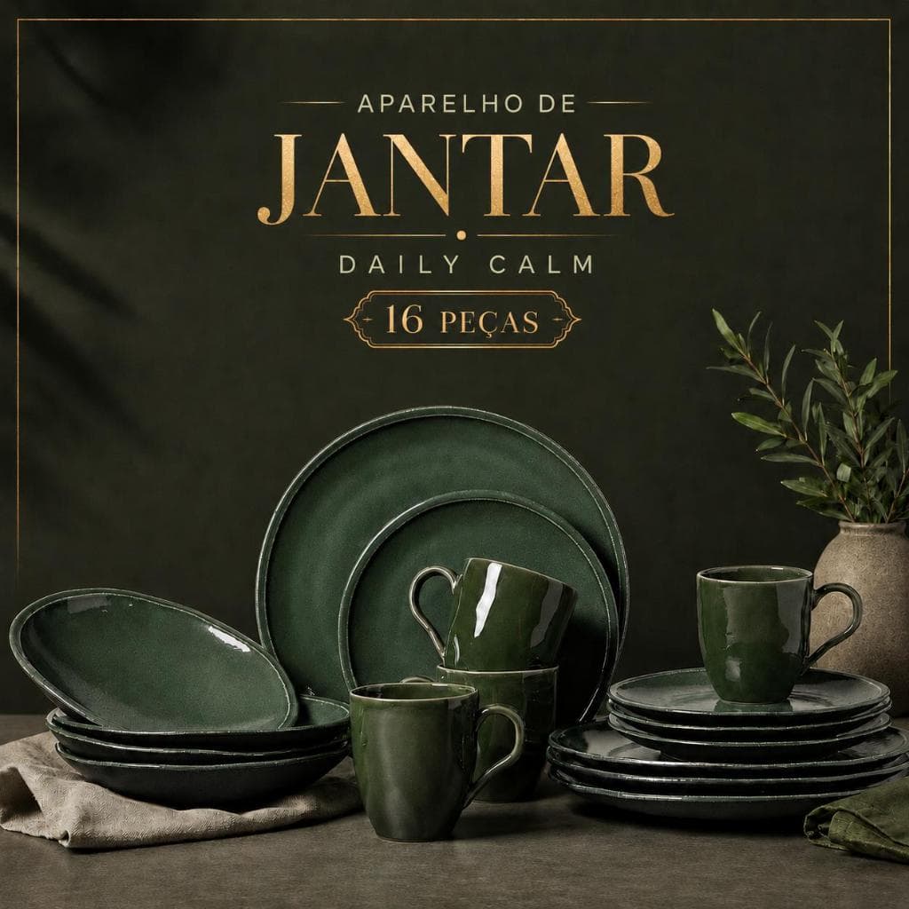 Aparelho de Jantar e Chá Porto Brasil Jogo 16 Peças Cerâmica Verde Conjunto Louça Prato Xícara Mesa Posta