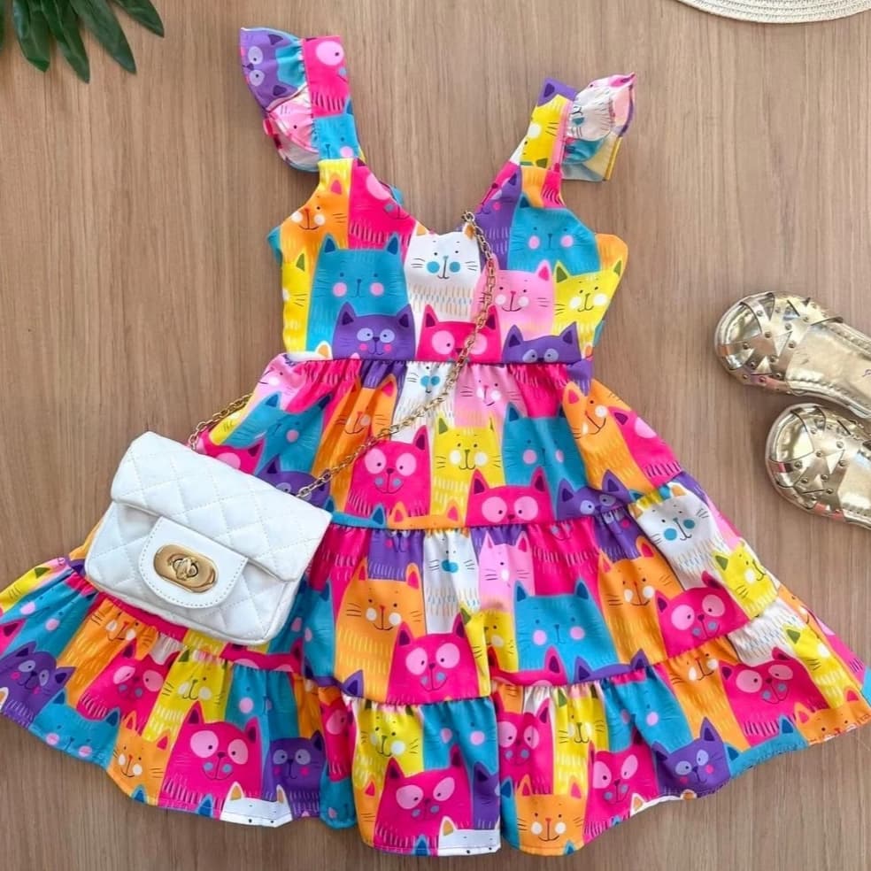 Vestido Longo Estampado Gatos – Cores Vibrantes – Moda Feminina - Moda Infantil