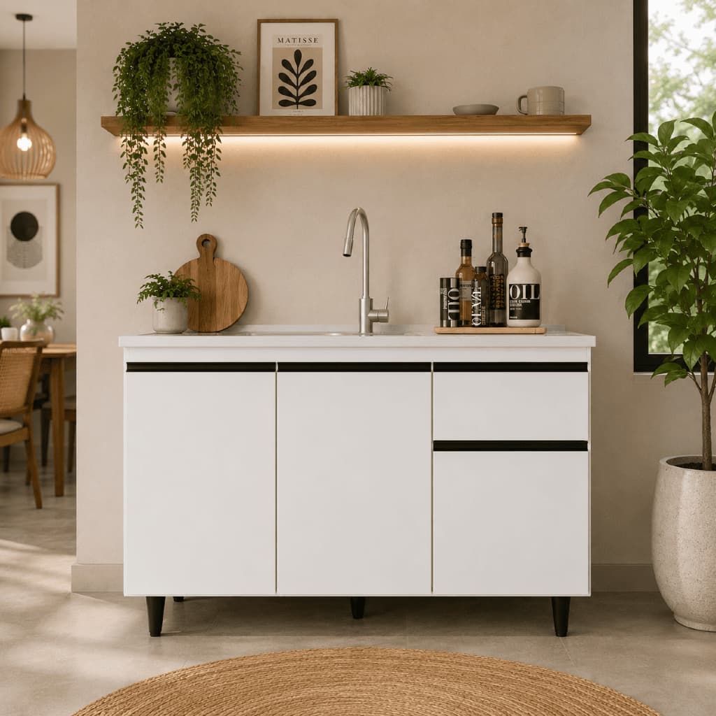 Balcão de Cozinha para Pia Branco MDP 120cm Armário de Cozinha 3 Portas 1 Gaveta Sem Tampo