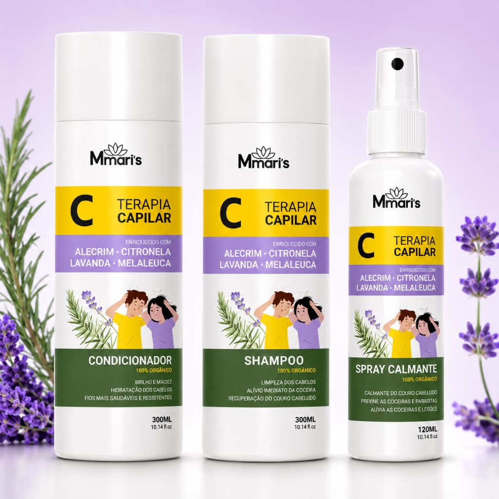 Mata Piolho e Lendea Terapia Capilar Calmante Contra Piolhos Shampoo Condicionador Tonico Lendias