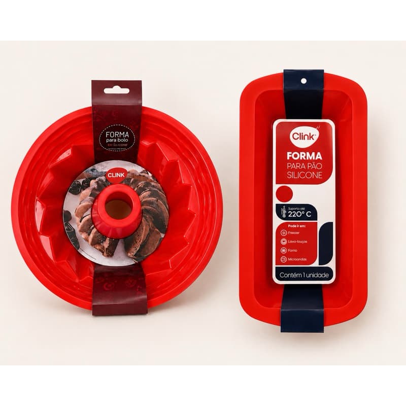 KIT FORMA BOLO VAZADA E FORMA DE PÃO EM SILICONE VERMELHO