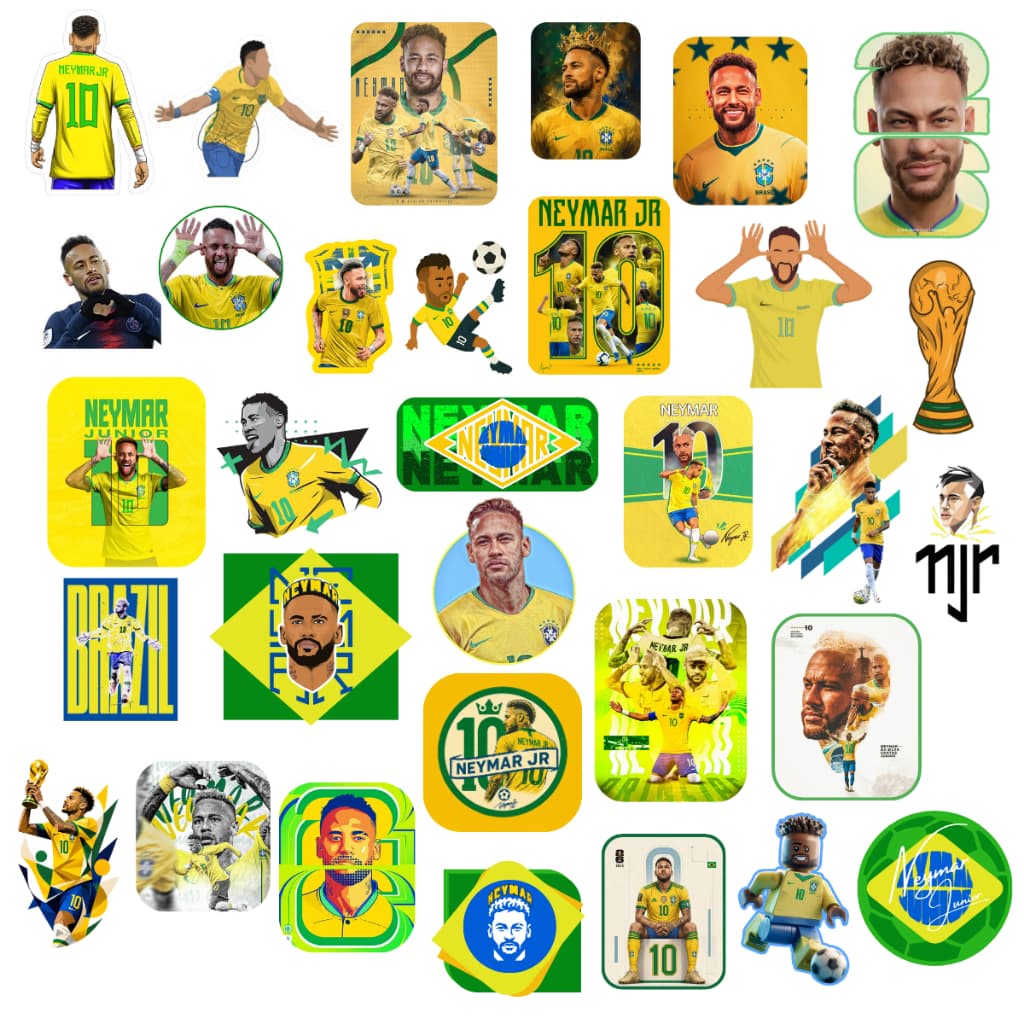 Cartela com 32 Adesivos Temático do Neymar Impermeáveis e Ideais p/ Decorar e personalizar