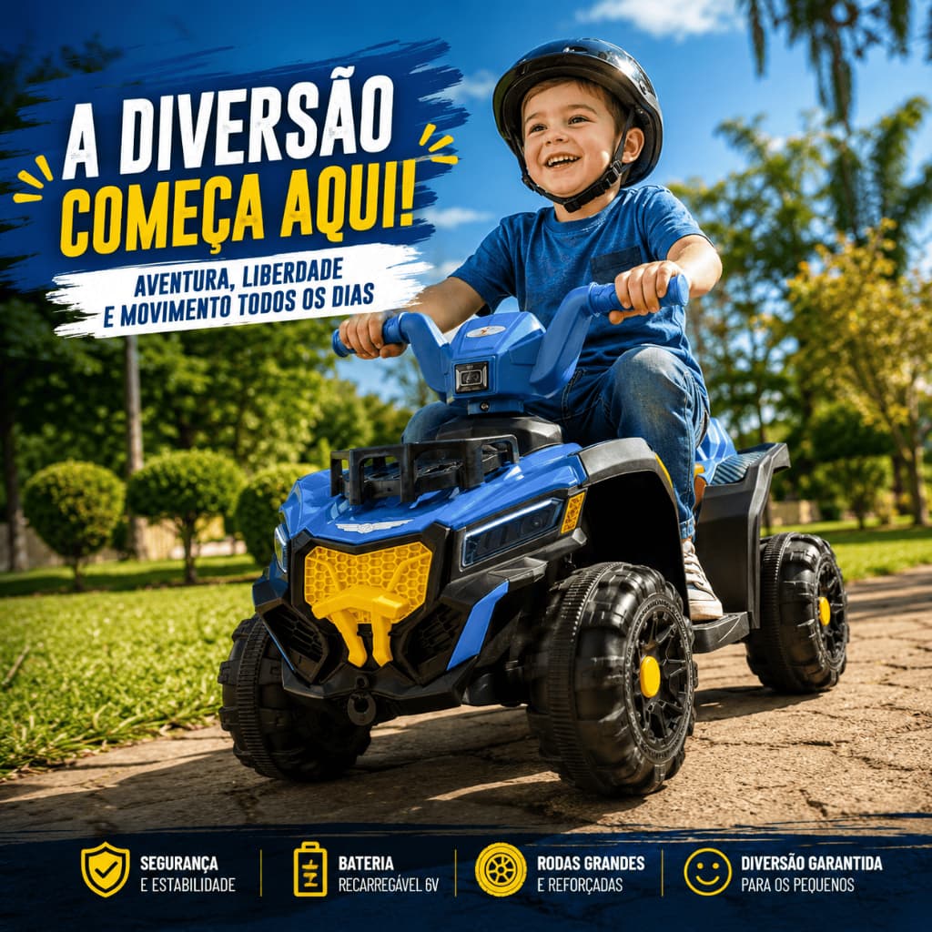 Quadriciclo Elétrico Infantil 6V Azul Com Bateria Recarregável 4 Rodas Grande Estabilidade