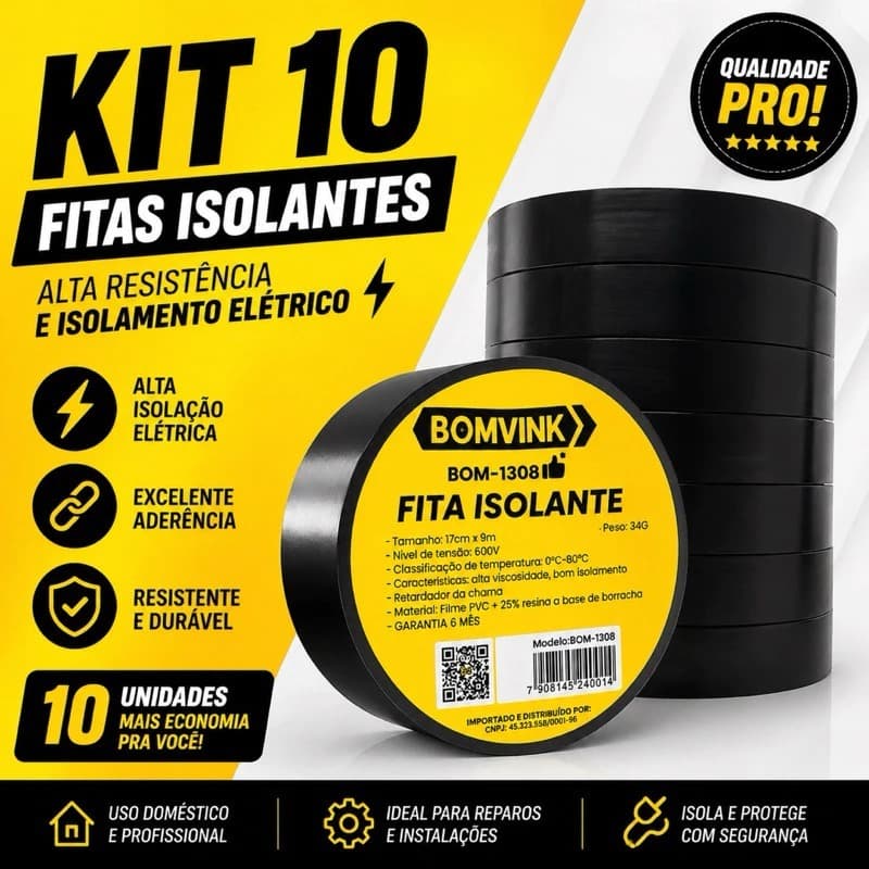 KIt com 10 Fitas Isolantes Bomvink Profissional Antchamas