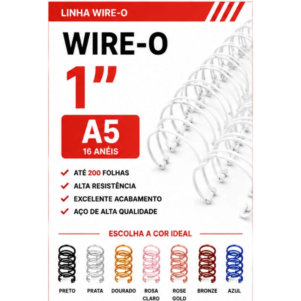 WIRE-O PARA ENCADERNAÇÃO 2X1 A5 1" P/200 FLS BRANCO,PRETO,PRATA,ROSE GOLD,DOURADO,ROSA CLARO,BRONZE