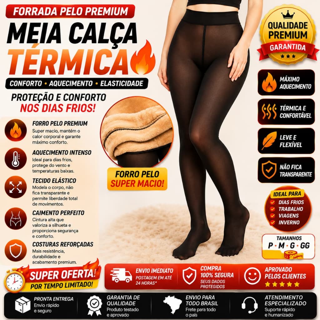 Meia calça Preta Peluciada fina termica 85g