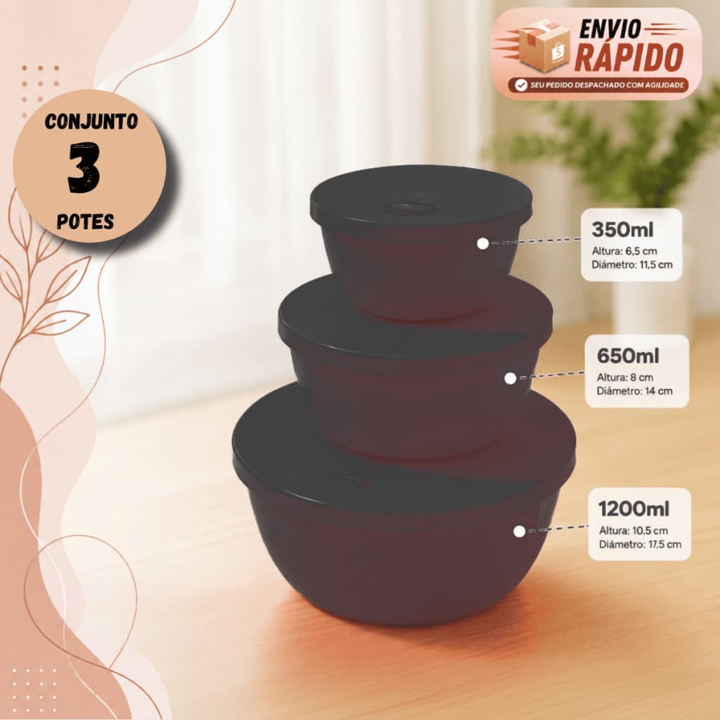 Conjunto 3 De Potes De Plástico Redondo Resistente Microondas E Freezer Com Válvula 350ml 650ml 1200ml