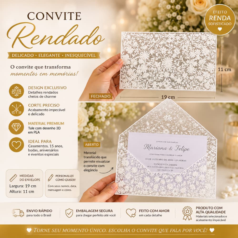 KIT Envelope para Convite Premium - Rendado Transparente Personalizado | Casamento, 15 Anos e Eventos