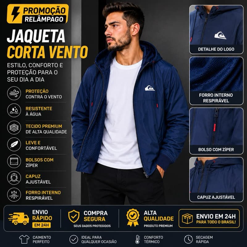 Jaqueta Corta Vento Masculina Premium Com Capuz Forrada Leve Impermeável Casual