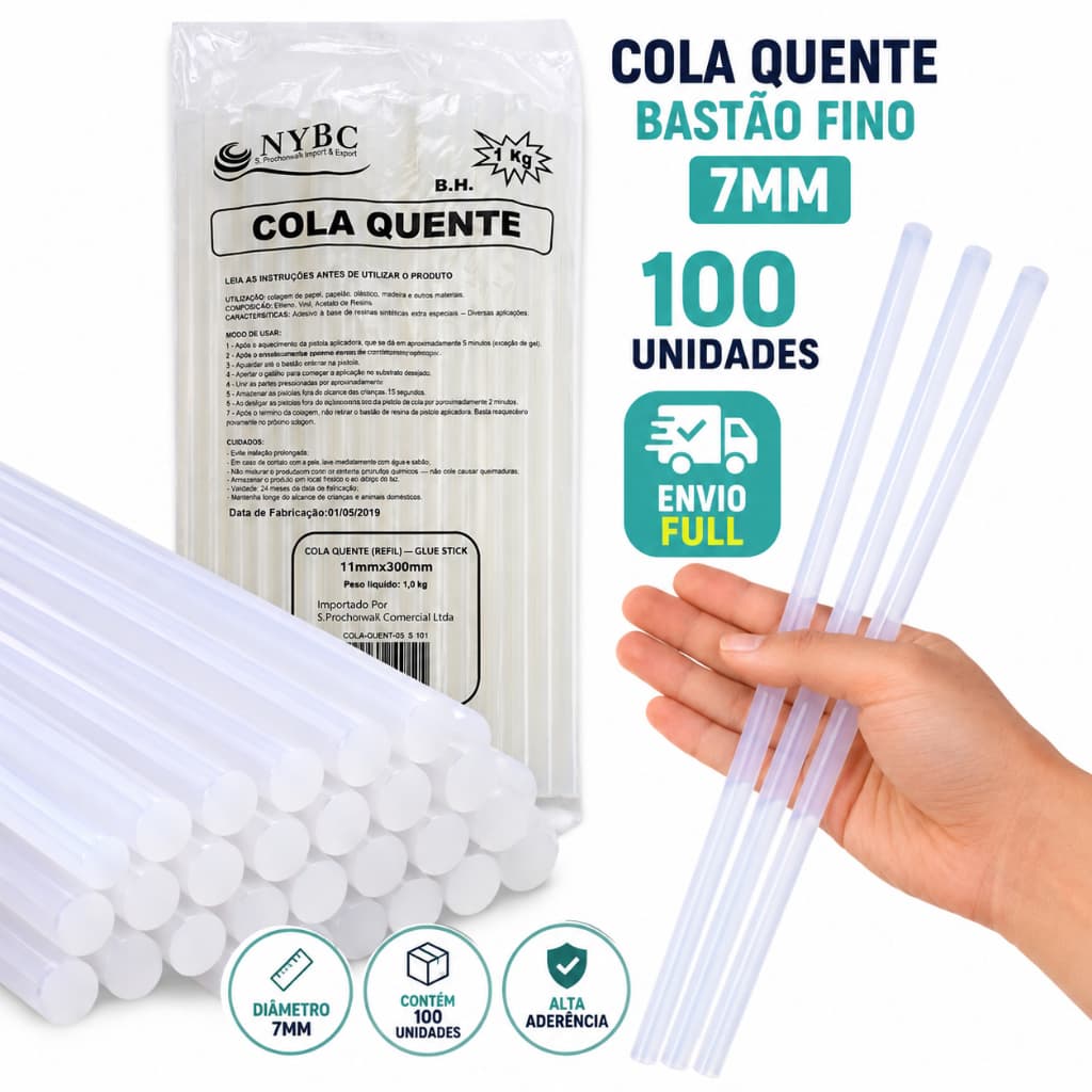 Bastão Cola Quente Refil Transparente Fina 7mm 30cm pacote
