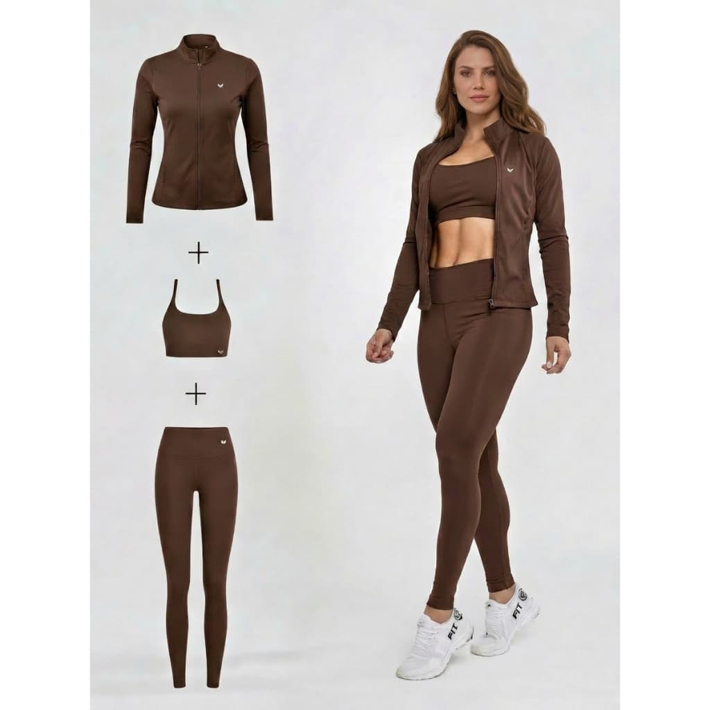 Kit Academia Feminino Inverno Completo: Jaqueta com Zíper + Top com Bojo + Calça Legging