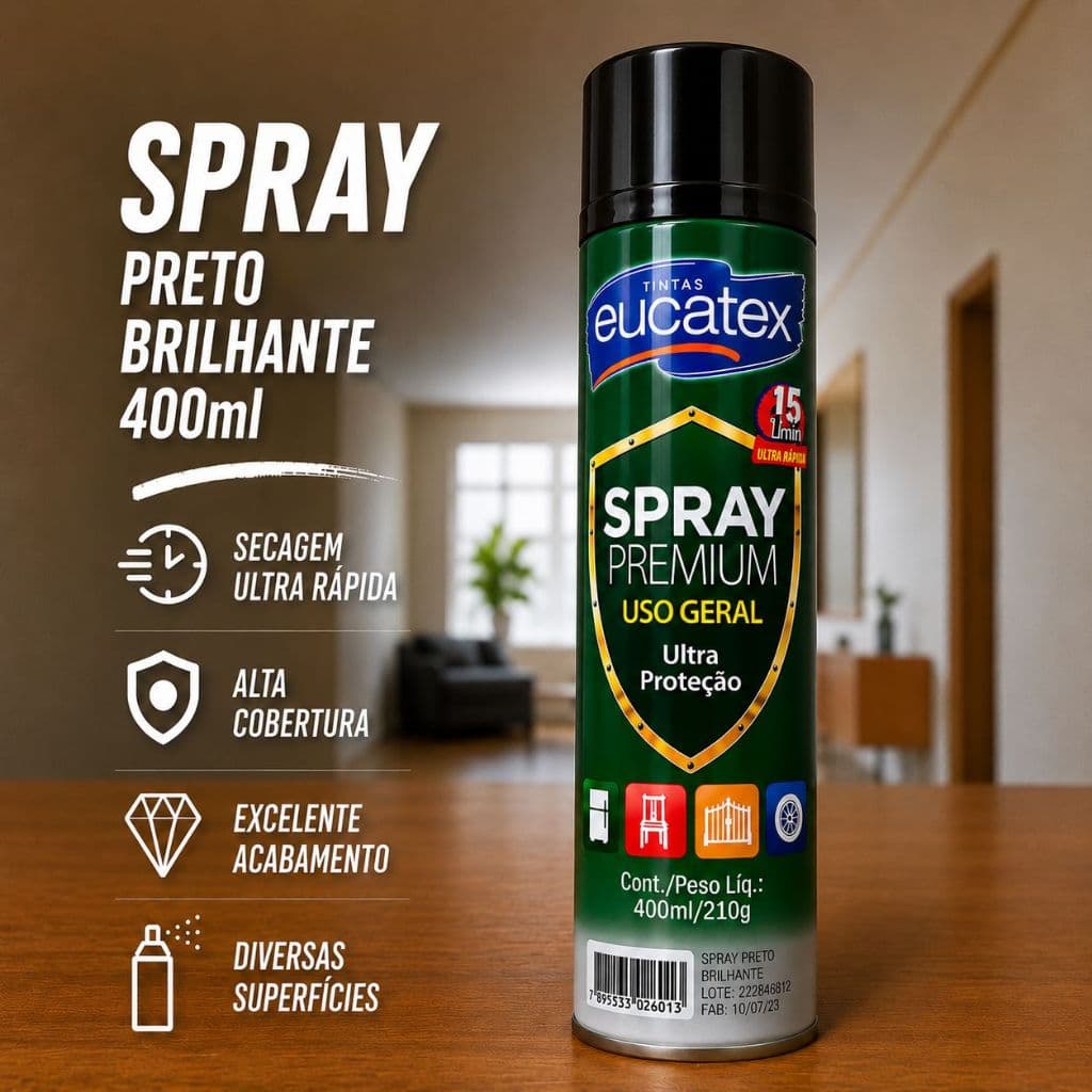Spray Preto Brilhante Alta Temperatura 400ml Tinta Premium 600°C Eucatex Secagem Ultra Rápida