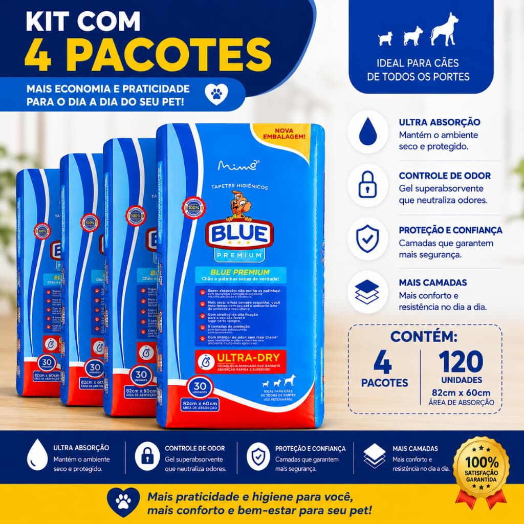 Tapete Higiênico para Cachorro Blue Premium Ultra Dry 82x60cm Antivazamento