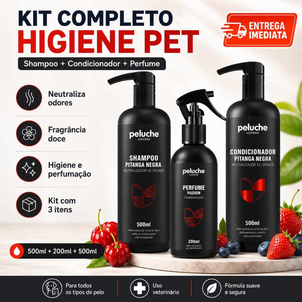 Kit Banho Pet Peluche Premium Shampoo e Condicionador Pitanga Negra + Perfume Passion Cães e Gatos