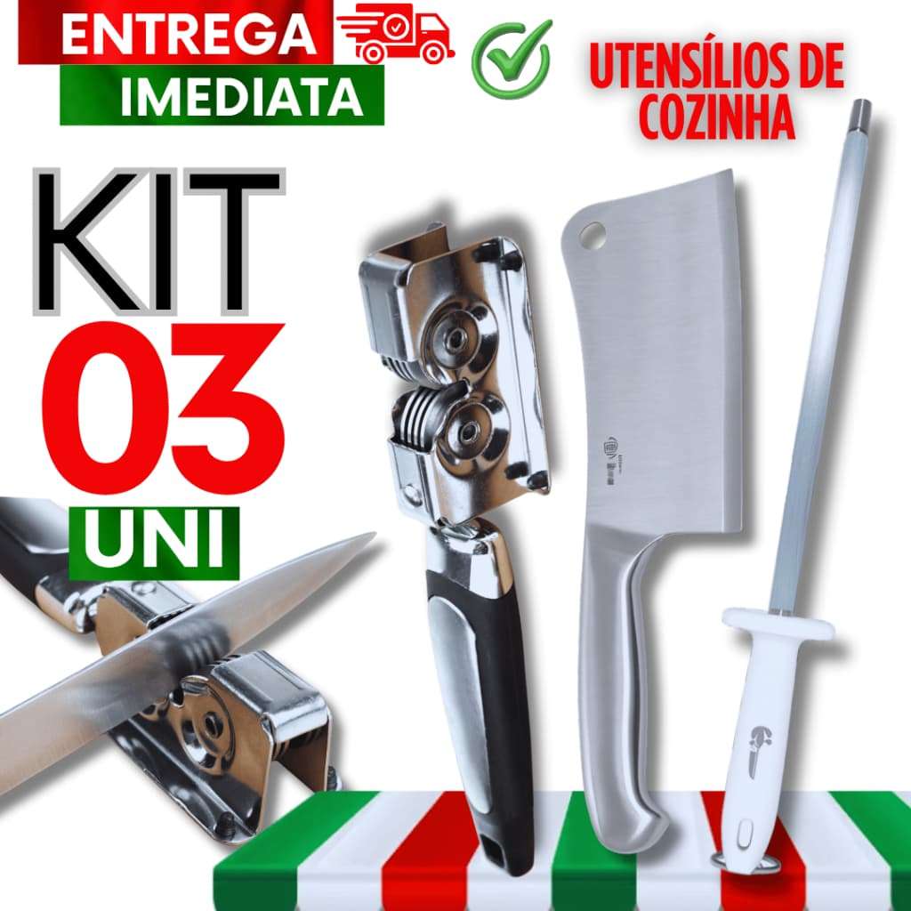 Jogo Cutelo Inox 6' + Amolador de Facas e Chaira 10' Profissional Mantem o Fio Corte Facas Utilidades
