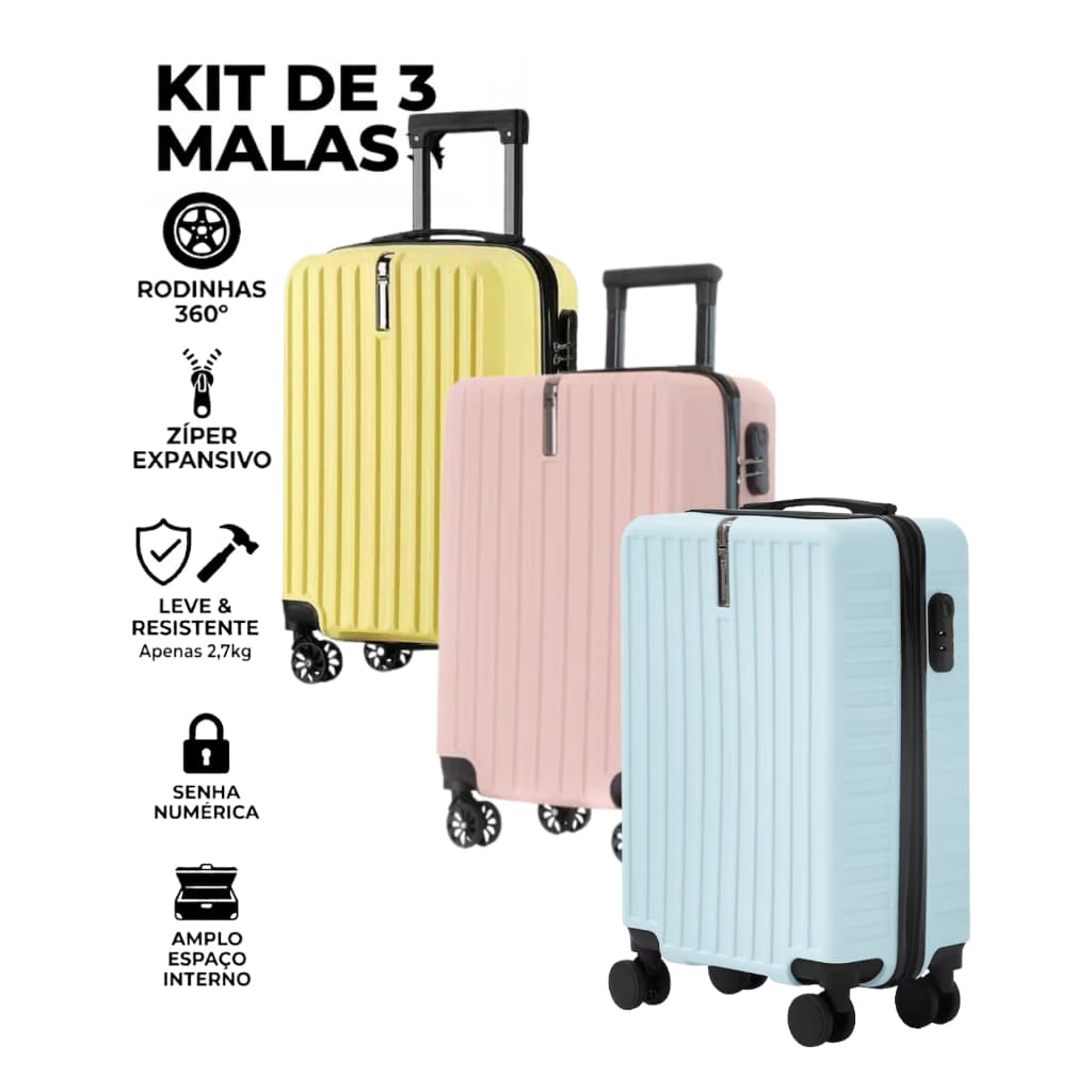 KIT 3 Mala de Viagem com Rodinhas 360° para Facilitar o Transporte