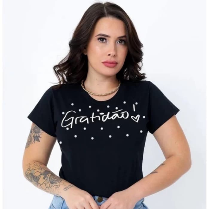 T-SHIRT FEMININA BLUSA PRETA ESTAMPADA ESCRITA GRATIDÃO CORAÇÃO VAZADO CAMISETA 100% ALGODÃO