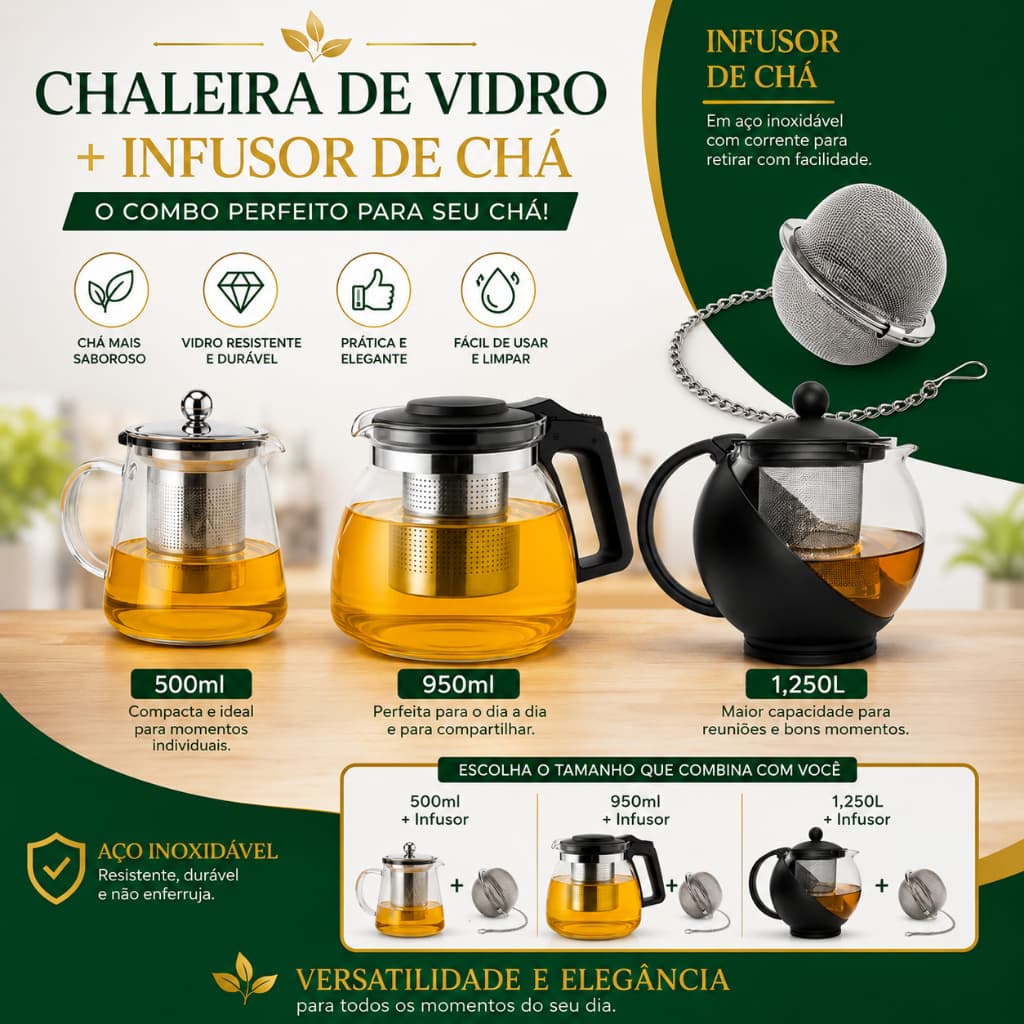Chaleira de Vidro 500ml 950ml 1,25L Com Infusor de Chá Aço Inox Removível Premium Resistente ao Calor Varios Modelos