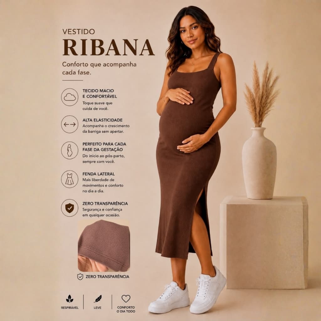 Vestido Longo feminino gestante gravidez com fenda lateral casual diario canelado ribana premium algodão sem manga