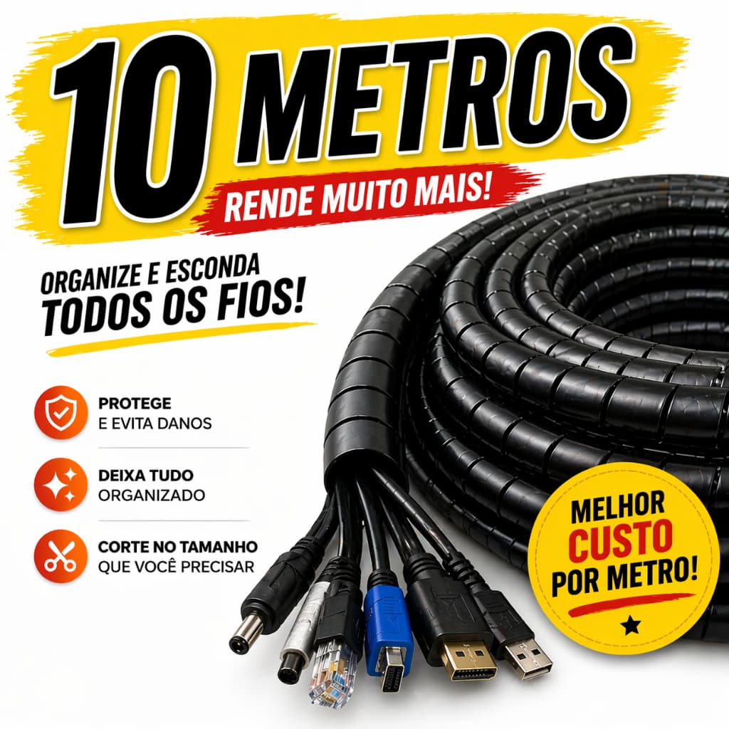 Organizador de Fios 10 Metros 12mm | Espiral para TV, Rack, Home Office, Mesa Gamer e Computador
