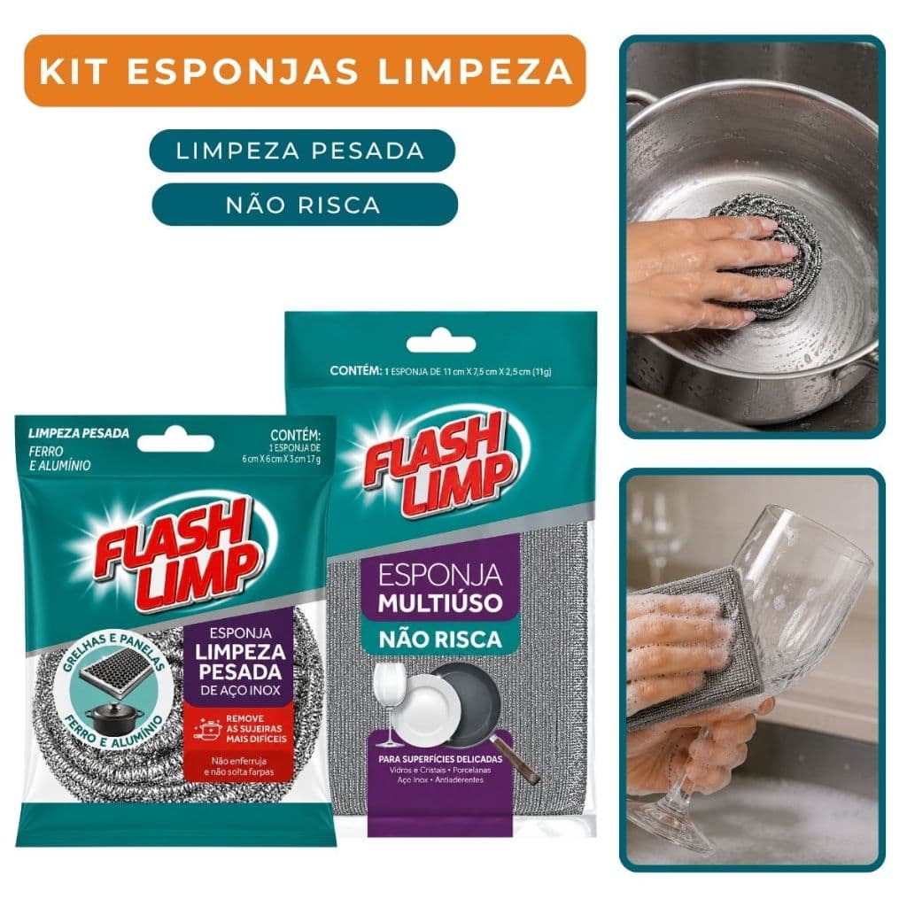 Kit Esponja Limpeza Pesada Inox e Esponja Multiuso Não Risca Vidro Cristal Flash Limp