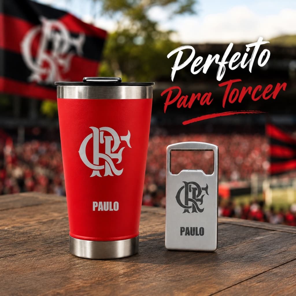 Copo Térmico Flamengo Personalizado  Inox Com Tampa e Abridor 473 ml - Vermelho