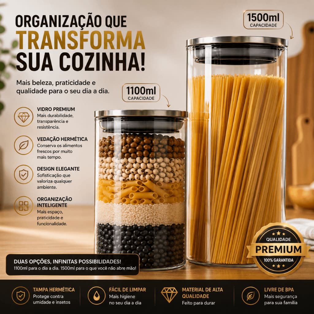 Pote Vidro Hermético Mantimento Redondo Tampa Inox 1500 / 1100ml Armazenamento Conservação Alimento