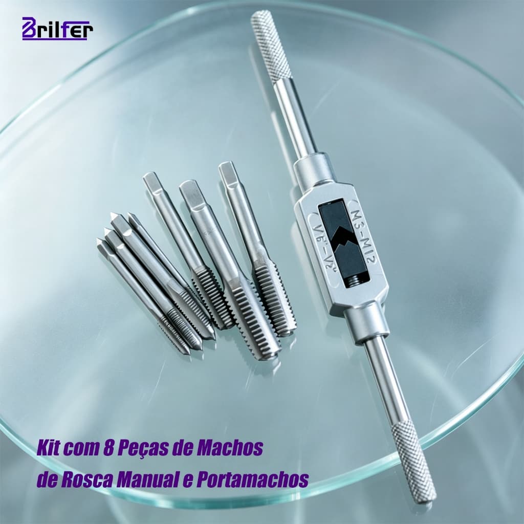 Jogo de Machos de Rosca Manual 8 Peças c/ Cabo p/ Metal Ferro Alumínio Plástico