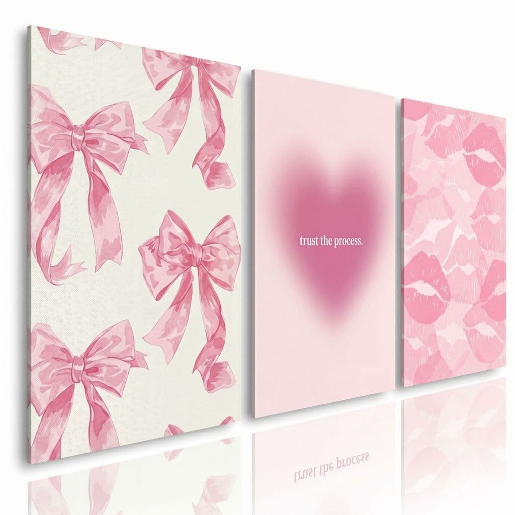 Quadros Decorativos 3 Peças Girl Aesthetic Rosa Feminino Beijos Laço Moderno Para Quarto em MDF 3mm