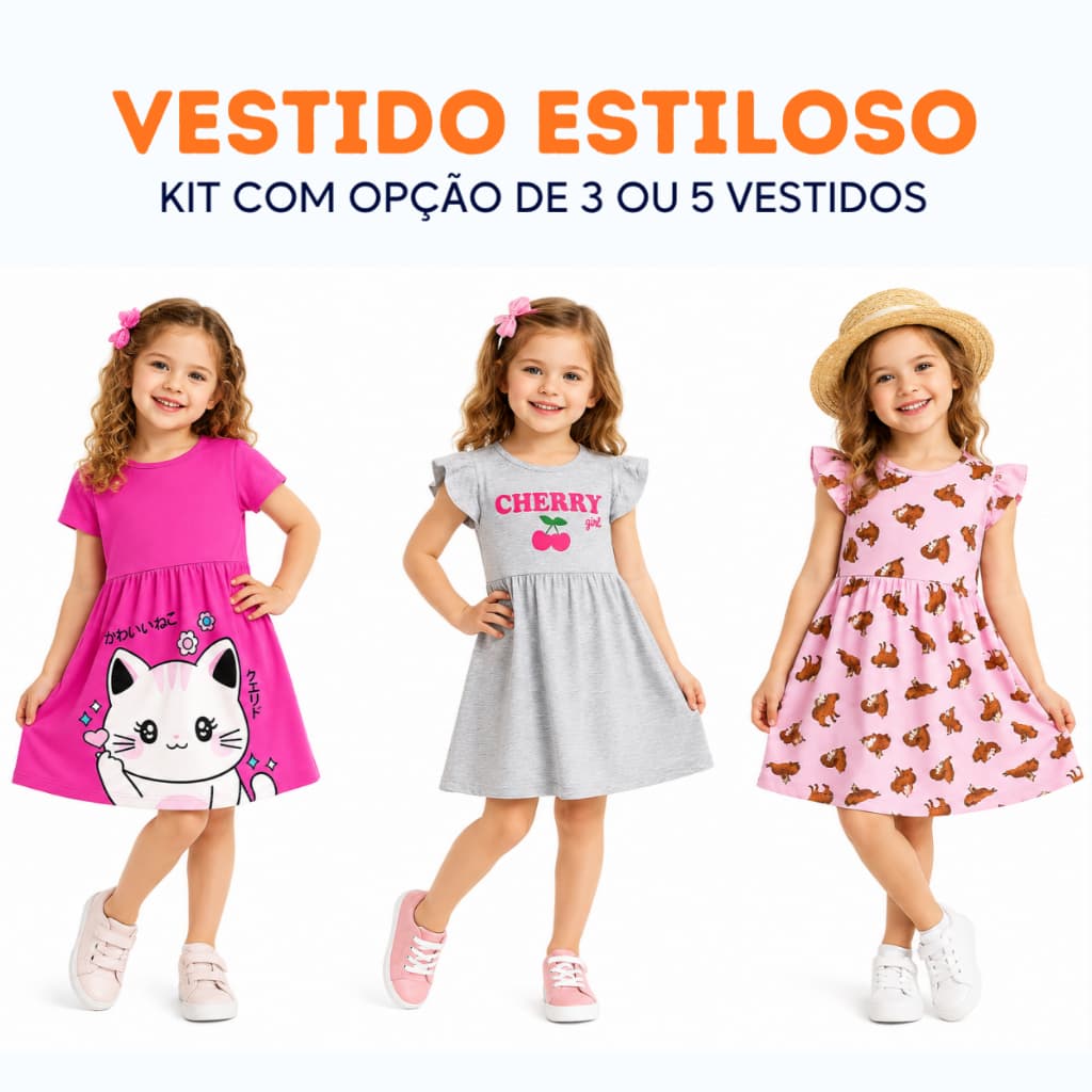 Vestido Infantil Menina Casual Algodão Estampado Listrado Feminino do 1 ao 10