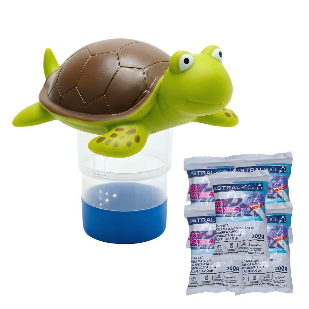 Kit Clorador Flutuante de Tartaruga + 5 Pastilha de Cloro para Piscinas