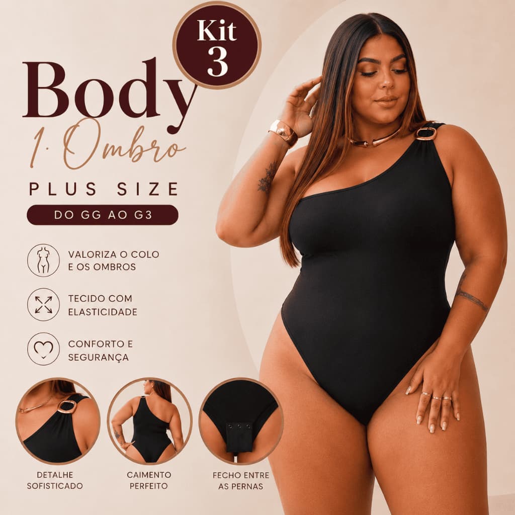 Kit 3 Body Feminino Um Ombro com Fivela Plus Size em Suplex