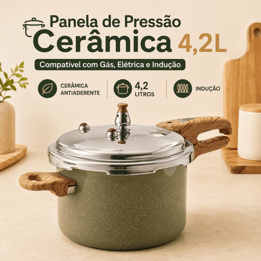 Panela de Pressão Antiaderente Cerâmica 4,2L | Compatível com Gás, Elétrico, Indução e Vitrocerâmico