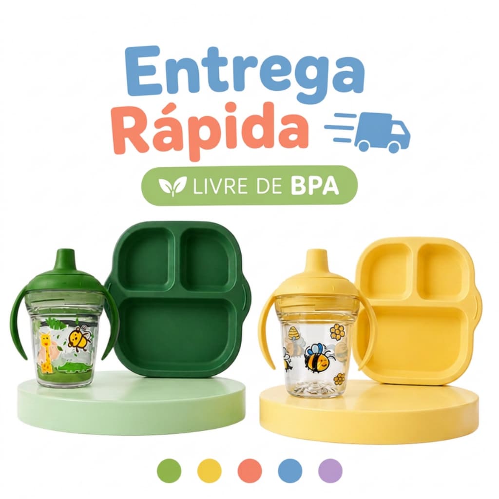 Kit alimentação infantil para alimentação refeição introdução alimentar prato e copo com alça - 2 peças