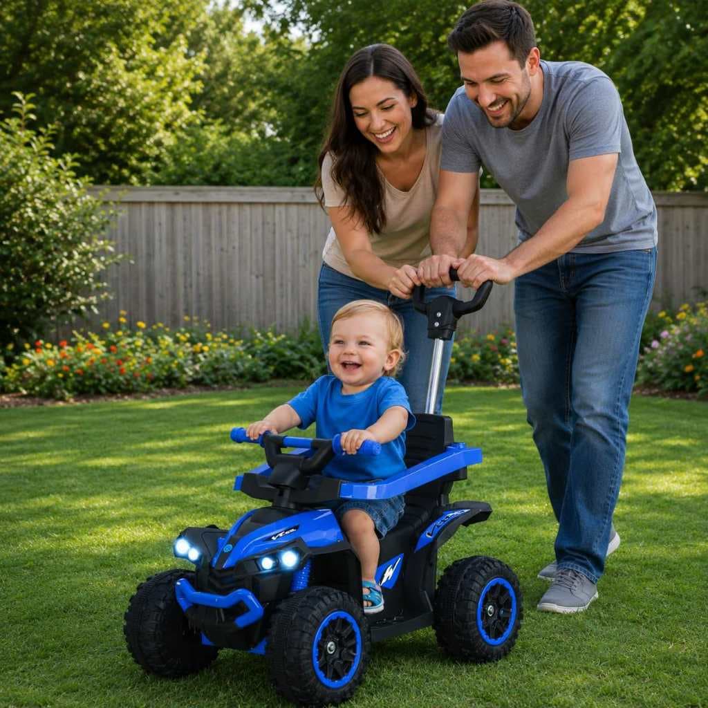 Carrinho Quadriciclo Elétrico Infantil 6V Flash Wheels Com Empurrador, Luzes e Som Azul