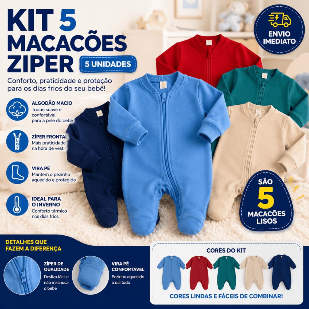 Kit 5 Macacão Bebê Menino Liso Algodão Zíper Vira Pé Inverno Infantil Macio Macacões