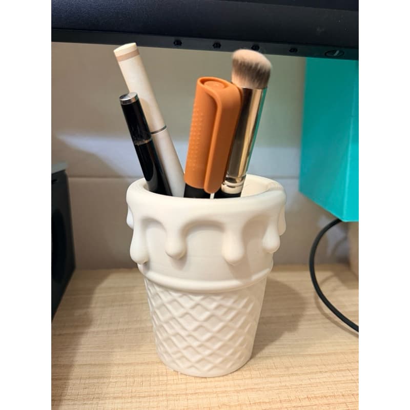 Porta Lápis Pincel Sorvete Cascão 3D | Organizador Mesa Maquiagem Escritório | Decorativo Derretido Branco