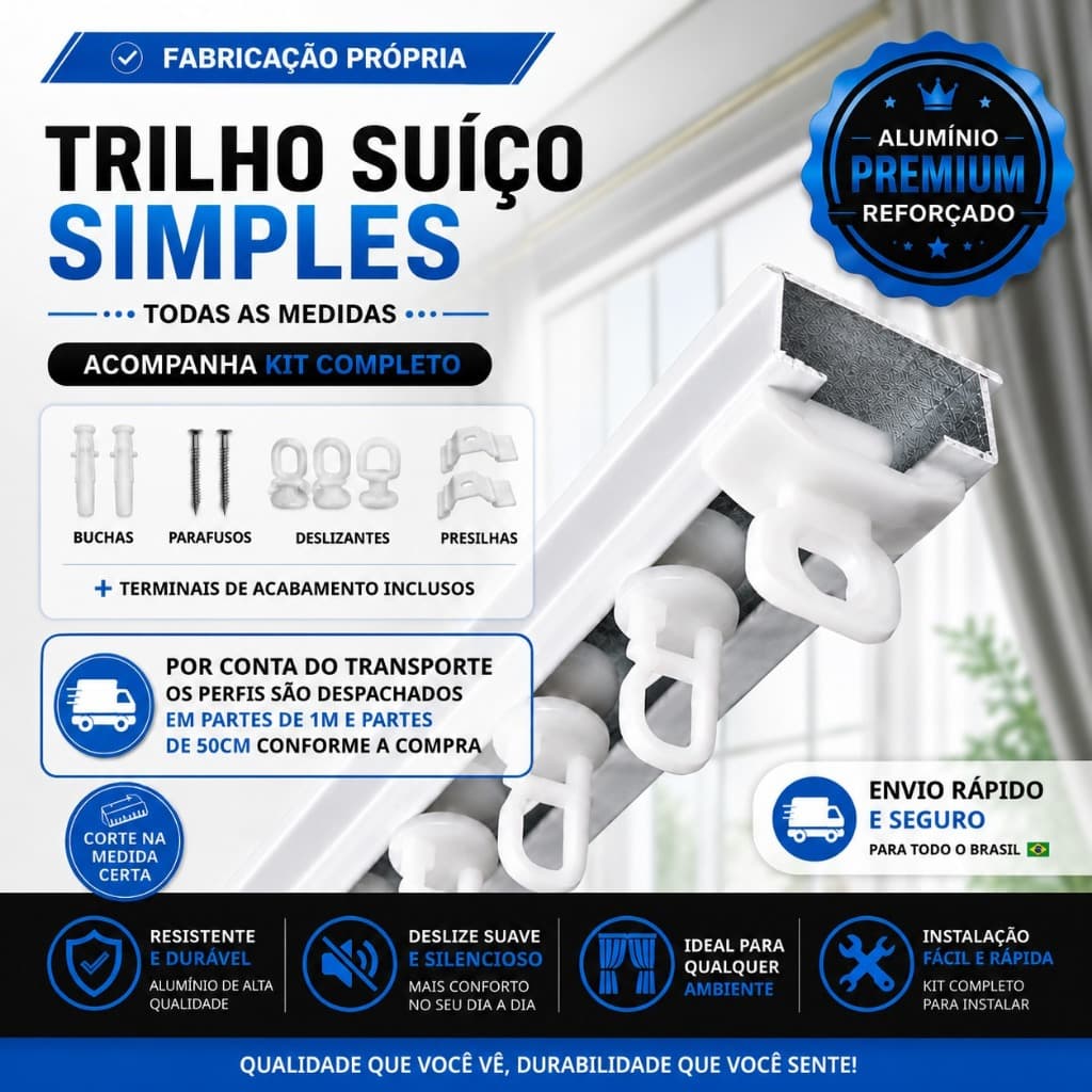 Trilho Suíço para Cortina em Alumínio Branco Completo com Kit de Fixação e Deslizantes