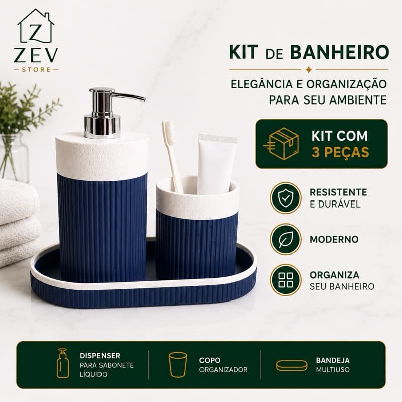 Kit Banheiro Lavabo 3 Peças Porta Sabonete Líquido + Porta Escovas + Bandeja Organizadora Decoração Moderna Premium