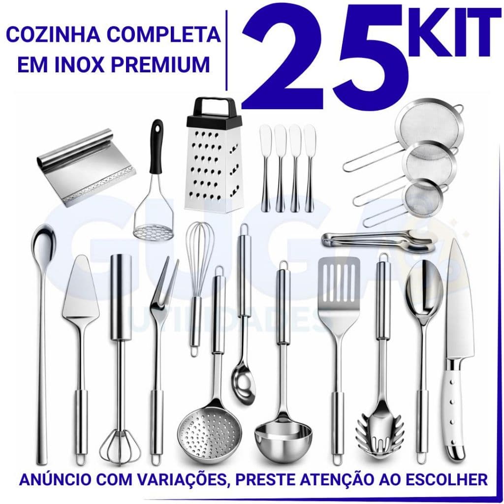 Kit 25 Utensílios em Inox  – Concha, Espátulas, Mixer, Ralador, Peneiras e Espátula Tubular de Alta Resistência