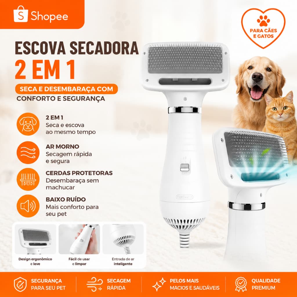 Escova Secadora Pet 2-em-1 Seca Remove Pelos Cachorro Coelho Gato ，Baixo Ruído